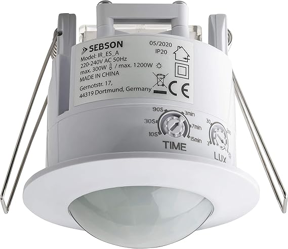 SEBSON PIR Motion Sensor Indoor Ceiling Flush-Mounted 6m/360° LED Suitable | Programmable PIR Sensor, LED Suitable 300W, Recessed Infrared Motion Detector, Range 6m/360°, 3-Wire - Set of 2