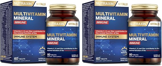 Nutraxin Multivitamin & Mineral Immune | 12 Vitamin + 8 Mineral | Bağışıklık Sistemi ve Enerji Desteği | Şeker ve Gluten İçermez | 60 Tablet (2 paketi)
