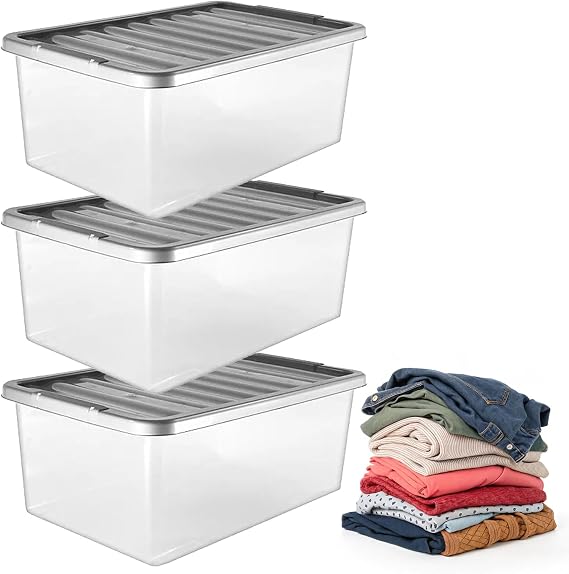 Pluto Packaging 3 Pack 32L Strong Stackable Durable Underbed Storage Boxes