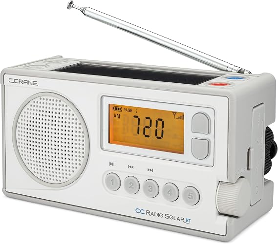 C. Crane CCRadio Solar with Bluetooth Receiving, Emergency Crank NOAA Weather AM/FM Multi Powered Radio - Built in LED Flashlight and Cellphone Charger