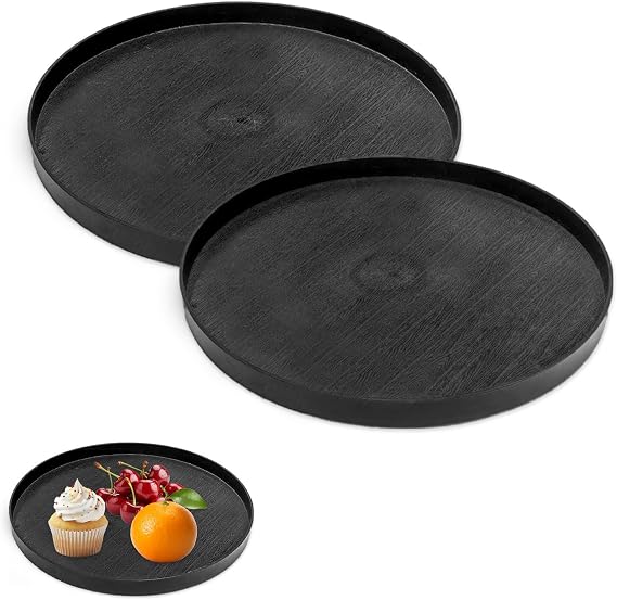 Black Round Tray Decorative 30cm with 3 Raised Edges, 2Pcs Plastic