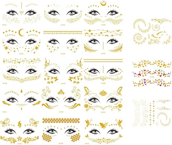 18 Pack Face Tattoo Sticker Metallic Shiny Temporary Face Tattoos Golden and Silvery Glitter Face Forehead Eyebrow Decoration Face Art for Women Girls Christmas Halloween Dancer Costume Parties