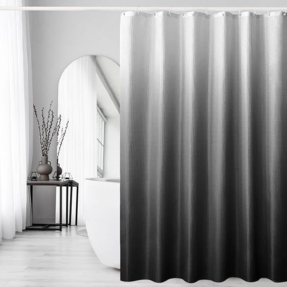 Gibelle Black Shower Curtain, Waffle Weave Ombre Fabric Shower Curtain for Bathroom, Black and White Gradual Color Washable Cloth Bathroom Curtains Shower Set with Hooks, 72 x 72