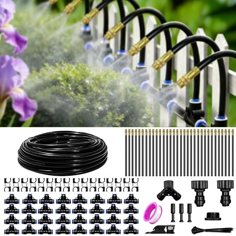 100FT Drip Irrigation Kit, 32 360 Copper Nozzles, Garden Watering System | Irrigation System for Garden, Quick-connect, Automatic Plant Watering Sprinkler System for Greenhouse, Potted, Raised Bed