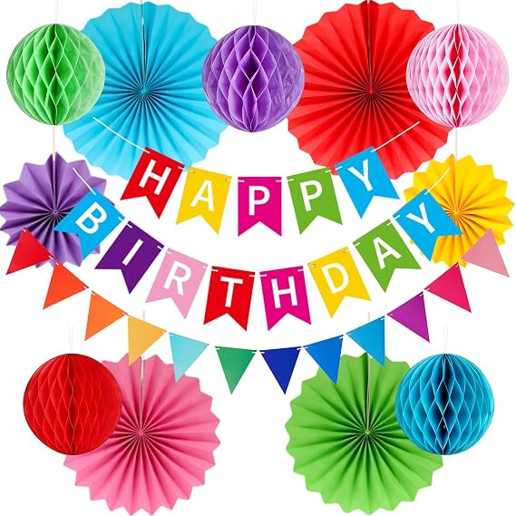 Rainbow Birthday Party Decoration, Colorful Reusable Paper Party Decoration with Multi-colored Happy Birthday Banner Bunting Hanging Paper Fans,Rainbow Honeycomb Decor for Girls, Boys, Women & Men