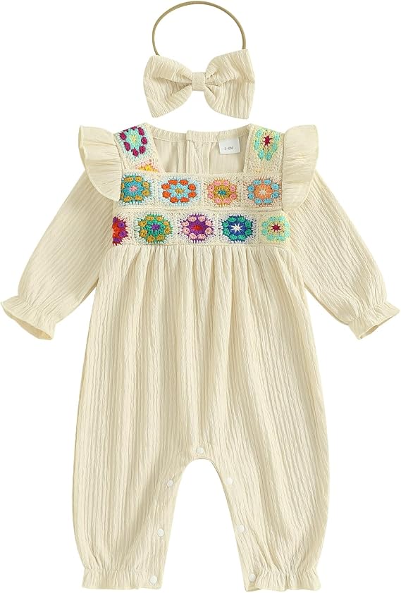 Baby Girl Crochet Romper Long Sleeve Floral Jumpsuit Crochet Flower Bubble Romper Headband Set Newborn Fall Clothes