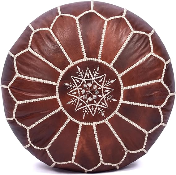 Moroccan Leather Handmade Pouf Ottoman Cover, Unstuffed Foot Stool, Round Boho Footrest for Living Room, Bedroom, Home Decor Gift (Dark Brown)