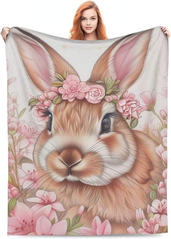Flannel Rabbit Blankets Gifts - Pink Flower Bunny Throw Blanket for Girls Kids, Sofa Couch Bed Living Room, Soft Warm Cozy Decor, 60" x 50"