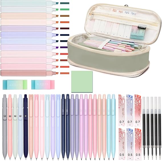50 PCS Aesthetic School Supplies with Cute Pen Case,12 Pastel Highlighters,5 Black Ink Gel Pens, 12 Mechanical Pencils Set 0.5 & 0.7 mm 6 Color Gel Pens for Students Stationary College Essentials