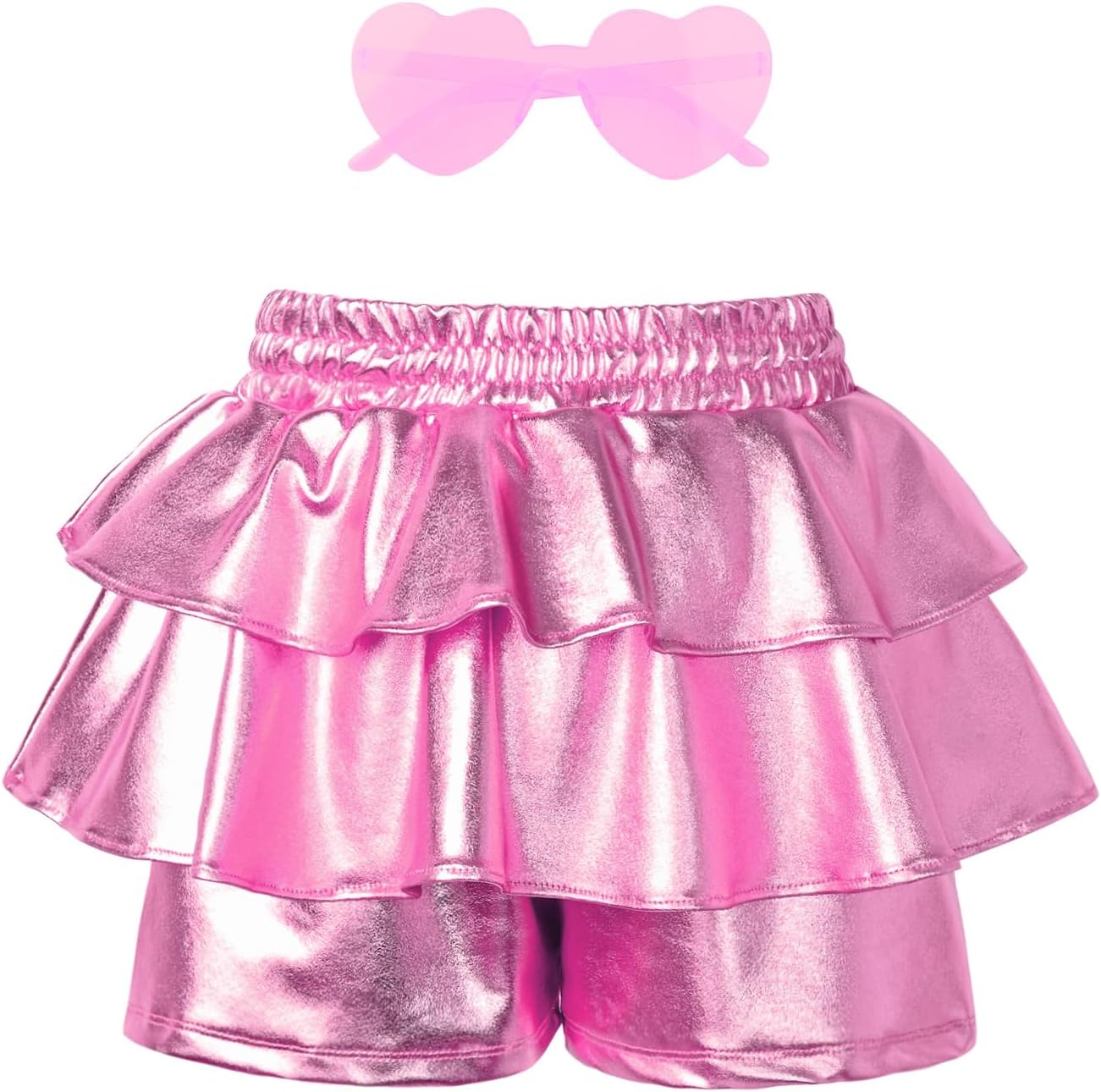 Girls Pleated Metallic Shorts Shiny Sparkle Ruffle Scooter Skater Dance Elastic Waist Rave Pants with Sunglasses for 6-13Y
