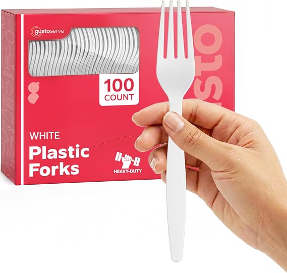GUSTO Heavy Duty Disposable Plastic Forks [100 Count] White | Strong & Sturdy, Wont Crack or Warp, BPA-Free, Heat-Resistant, Hot or Cold Foods, Parties, Events & Dinners