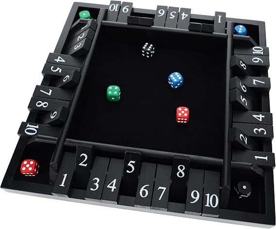 Pacific Shore Games Shut the Box Game 4 Player, Black Stained Wood, Dice Games, Wooden Board Games for Adults, 10 Number Tiles, 12 inch Board