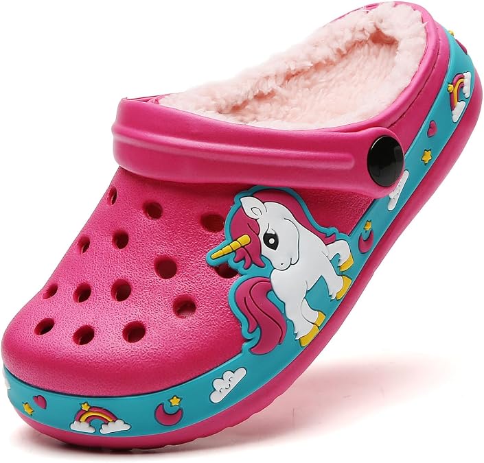 SECHRITE Toddler Kids Lined Clogs Garden Shoes with Fuzzy Fur Cartoon Slip On Mules Boys Girls Winter Warm Home Slippers Indoor Outdoor
