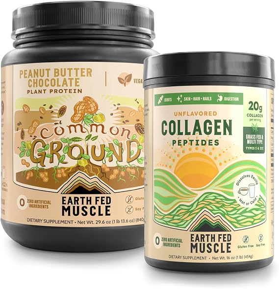 Earth Fed Muscle Wellness Bundle Common Ground Plant Protein (Chocolate Peanut Butter) + Collagen Peptides Muscle Recovery, Joint & Skin Support 2-Pack