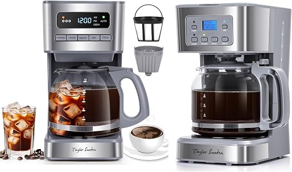 Taylor Swoden 12-Cup Programmable Coffee Maker, Regular & Strong Brew Drip Coffee Machine for Home and Office, Glass Carafe, Pause & Serve, Auto Shut Off, Gray & Stainless Steel