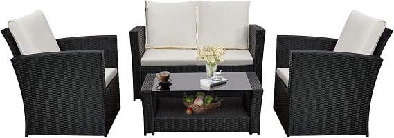 4-Piece Rattan Garden Furniture Set Patio Conservatory, Black Rattan with White Cushions, Coffee Table