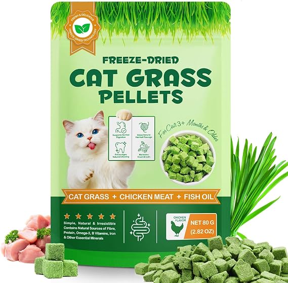 Cat Grass Treats, Freezed Drying Cat Grass Teething Stick Snacks for Kitty, Organic Grass Treats for Indoor Cats, Hairball Relief & Teeth Cleaning, Natural Snacks with High Fiber Formula 80g