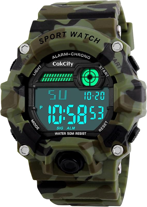 CakCity Boys Camouflage LED Sport Watch,Digital Military Wrist Kids Watch | 5ATM Waterproof,Silicone Band, EL Backlight,Luminous, Alarm, Stopwatch, Shockproof,Calendar,Large Dial,Military Time