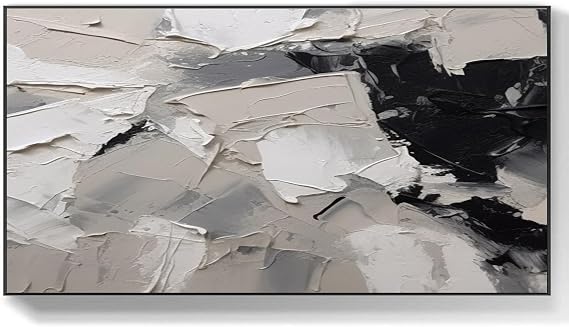 Large abstract wall art, minimalist abstract white painting, black and white wall art, brush abstract painting, beige abstract room art,(91 * 183cm) 36 * 72 Inches,Stretch+Black Frame