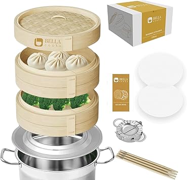 Bamboo Steamer 11-inch 2 Tier Dumpling Steamer Basket with Lid & 4 Chopsticks, Reusable Silicone Liners,Ring Adapter, Bun, Dim Sum, Rice Potsticker Steaming Chinese Asian Food & Vegetables, Fish, Meat.