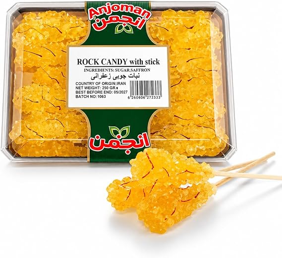 Anjoman Saffron Rock Candy (Nabat) – Crystal Sugar Sticks Infused with Saffron for Tea & Hot Drinks – 250g Pack – Pack of 1