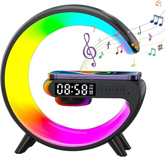 JOPWUE Atmosphere Lamp with Wireless Charger,15W Led Alarm Clock RGB Color Dimmable Ambient Light Smart Table Lamp with Bluetooth Speaker 6 Modes Night Lights for Adults Kids Office Bedroom (Black) [Energy Class A]
