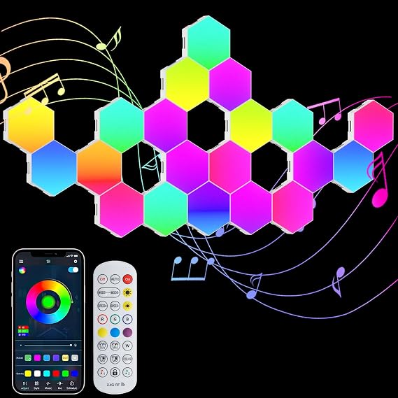 PUMPKINS 20Pcs Hexagon LED Lights, RGB Hex Light Panels, Smart Wall Gaming Panels Sync to Music for Room Bar Bedroom Home Decor Room,Gaming Setup, with App & Remote Control [Energy Class A]