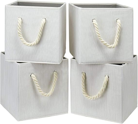 Foldable Storage Cube Bins Beige-White Bamboo Fabric Collapsible Resistant Basket Box Organizer with Cotton Rope Handle for Home Office and Nursery 10.5x10.5x11 inch