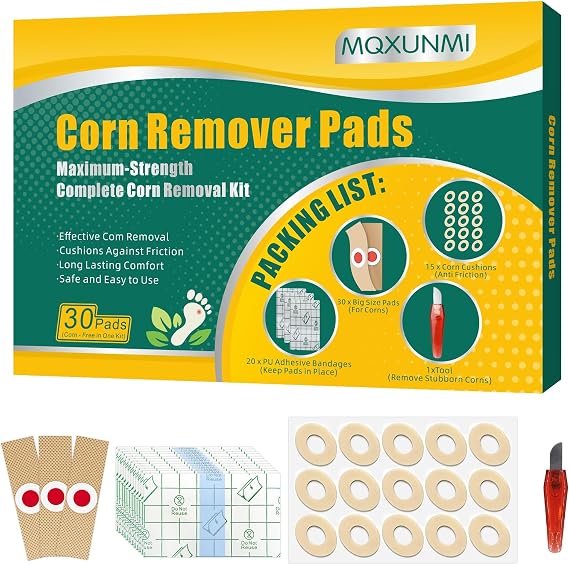 Corn Remover Pads, MQXUNMI 30 Pcs Corn Plasters for Feet, Wart Remover, Corn Removal Ideal for Relief Corn Pain and Foot Care, Corn Removal Plasters with Hole for Feet, Hand, Toe 