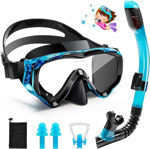 Kids Snorkel Set(4-16 Years),180°Panoramic View Diving Mask With Tempered Glass Lenses,Anti-fog and Anti-leak Children's Diving Goggles,Adjustable Silicone Strap,Includes Earplug and Nose Clip