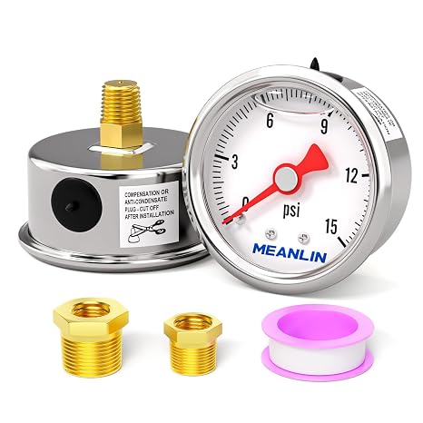 MEANLIN MEASURE 0~15Psi Stainless Steel 1/8" NPT 1.5" FACE DIAL， Glycerin Filled Fuel Pressure Gauge， Liquid Filled Pressure Gauge WOG Water Oil Gas Center Back Mount