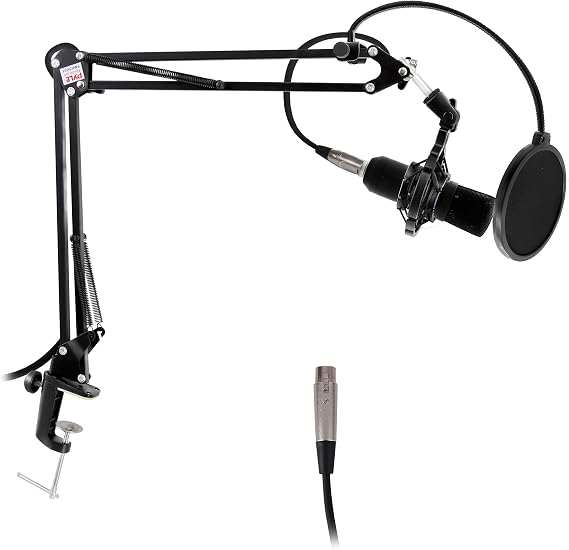 Pyle Microphone Boom Arm Stand - Adjustable Scissor Mic Arm with Desk Clamp, Metal Shock Mount & Adapter Clips - 2.26ft Max Extension for Podcasting, Gaming, Recording - PMKSH01