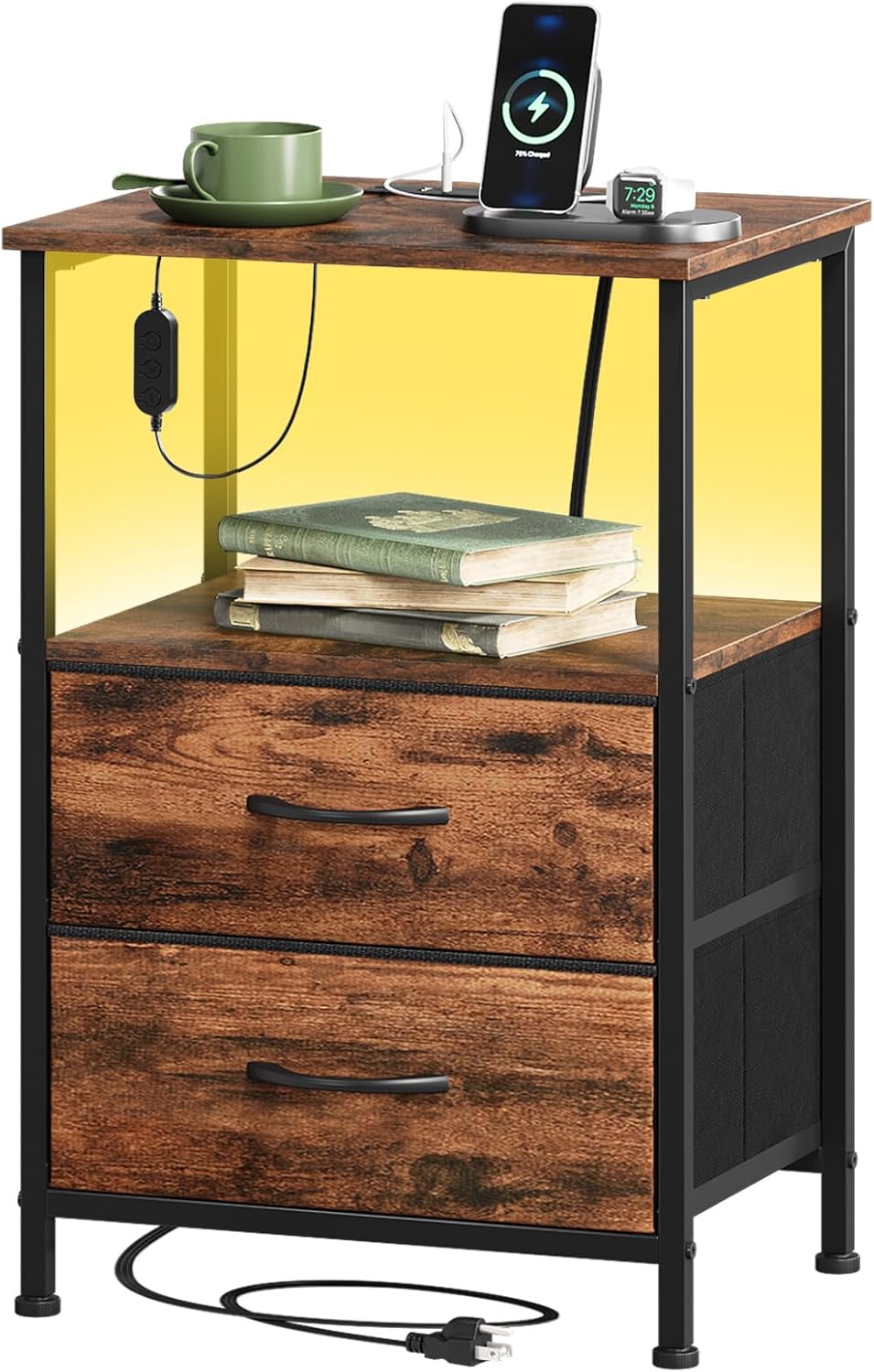Somdot Bedside Table with Charging Station and LED Light, Small Bed Side Table for Bedroom Dorm Kids Room Closet, 2 Drawers Bedside Cabinet with 2 Outlets and 2 USB Ports, Wood Grain Print