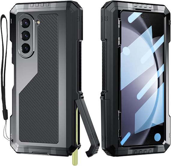 for Samsung Galaxy Z-Fold-5 Case with Fold 5 Slim S Pen Holder (2023), Metal Bumper Premium Heavy Duty Shockproof Protective, Hinge Protection, Screen Protector, Rugged Phone Cover 5G, Black