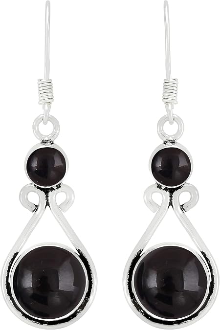 Round Shape Natural Gemstones Silver Plated Dangle Earrings for Women