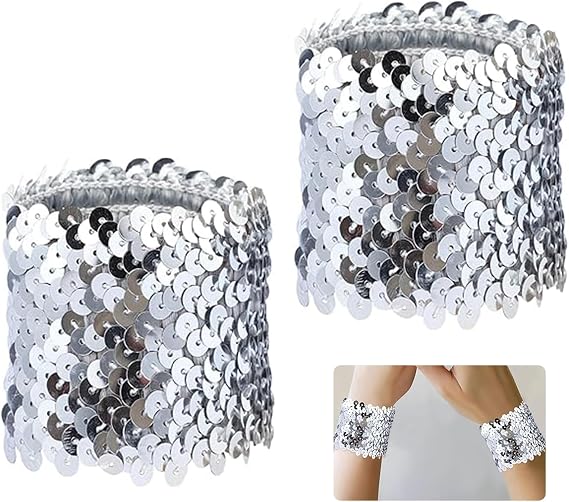 2PCS Sequin Wrist Cuffs,Sparkly Silver Glitter Wristbands for Women,Stretchy Elastic Shiny Dress Accessories,Perfect for Stage Performances,Rave Dance,Cosplay&Costume Parties Girl For Costumes ﻿