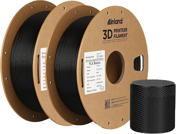 Inland PLA Basics Filament 1.75mm, 1kg Spool Dimensional Accuracy 0.02mm, Neatly Wound, Fits Most FDM 3D Printers (Black, 2 Pack)