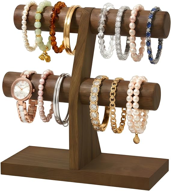 MODOWEY Bracelet Holder Organizer Display Wooden T Bar Stand, 2 Tiers Brown