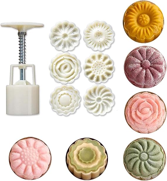 YANGWEN Mooncake Mould 50g with 6 Flower Stamps, 3D Round Mooncake Press Mold Set for DIY Mid-Autumn Festival Baking - Cookie & Pastry Maker Tool for Traditional Chinese Desserts