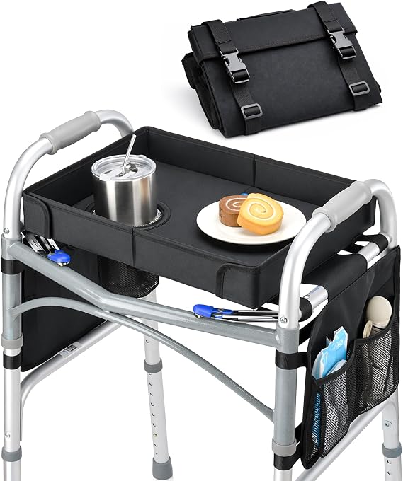 FANGSUN Walker Tray for Folding Walker, Side Pockets & Cup Holder | Fits 1719" Folding Walkers with Side Bars, Easy Install, Adjustable Straps, Spill-Resistant Surface, Lightweight for Seniors