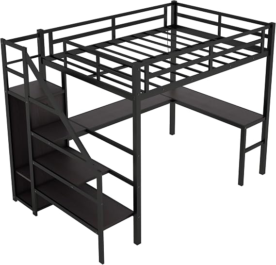 Bellemave Twin XL Loft Bed with Stairs and Storage, Metal Loft Beds Frame with Wardrobe and Safety Guardrails, Space Saving LED Loft Bed Twin Size for Kids & Teens, No Box Spring Needed, Black
