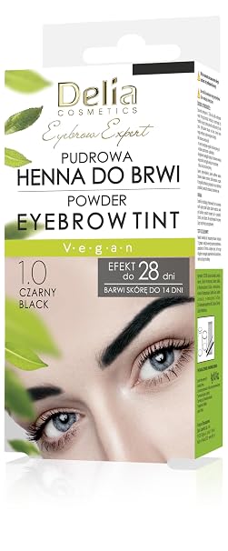 Delia Cosmetics Powder Eyebrow Dye - Black - Natural Herbs & Colour - Emphasized Darkened Thickened Eyebrows - 20 Easy Applications / 4 Weeks - Complete Eyebrow Dye Set