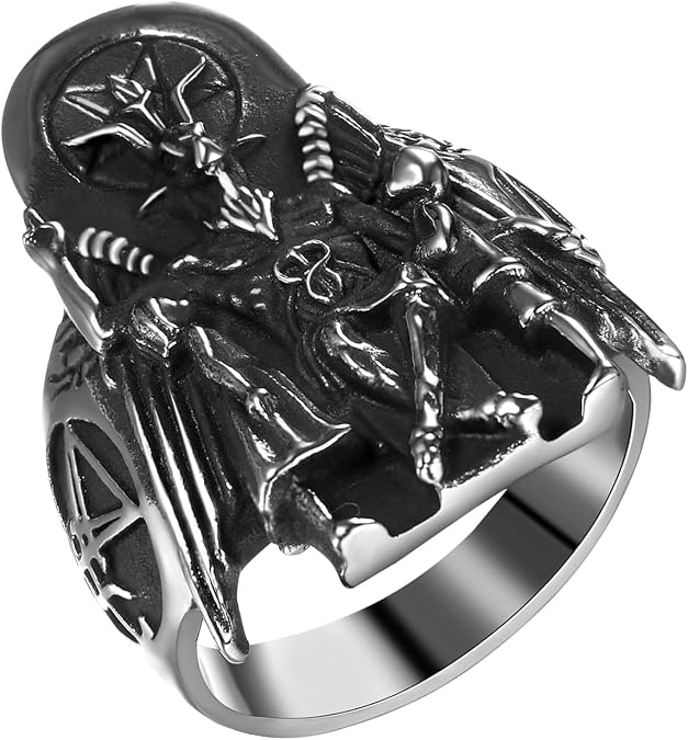 Flonge Men's Baphomet Lucifer Ring: Gothic Stainless Steel Satanic Ring Devil Sigil of Lucifer Rings Amulet Jewelry for Men