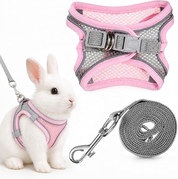 Bunny Harness and Leash Set Soft Breathable Rabbit Harness Eescape Proof Walking Training Rabbit Pet Vest Adjustable Mesh Vest HarnessCostume for Rabbits Ferret Small Pig Puppy Hamster