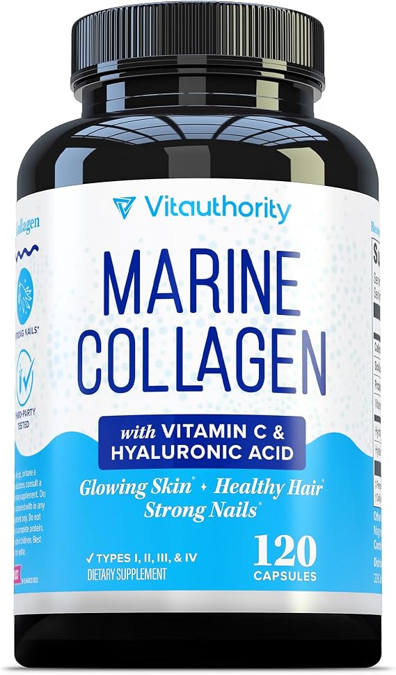 Marine Collagen Capsules Hyaluronic Acid & Vitamin C | 2,000mg Hydrolyzed Fish Collagen Peptides per Serving | Skin Elasticity, Hydration, Hair, Nail & Joint Support | Pescatarian-Friendly 30 Servings