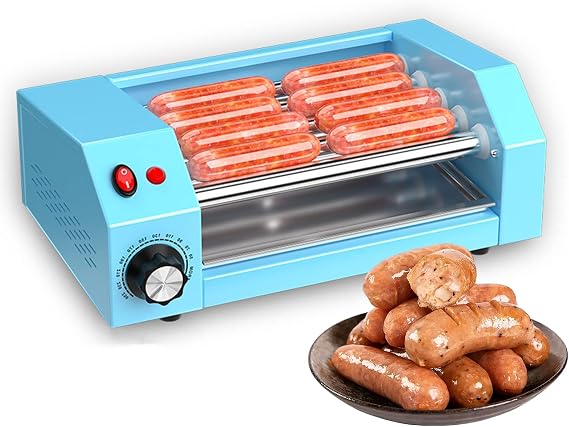 Hot Dog Roller Machine, Home Countertop Sausage Griller with 5 Rollers, Adjustable Temperature, Suitable for Home, Commercial (Blue)