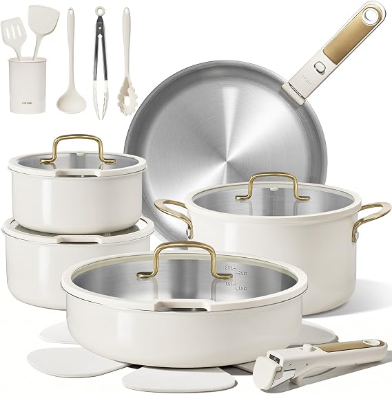 CAROTE 21pcs Tri-Ply Stainless Steel Cookware Set with Detachable Handle