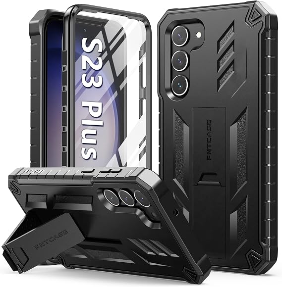 FNTCASE for Samsung-Galaxy S23+Plus Case, Built-in Screen Protector Black | Rugged Kickstand, 20FT Military-Grade Drop Protection, Matte Textured, Heavy Duty Shockproof TPU Protective Cover