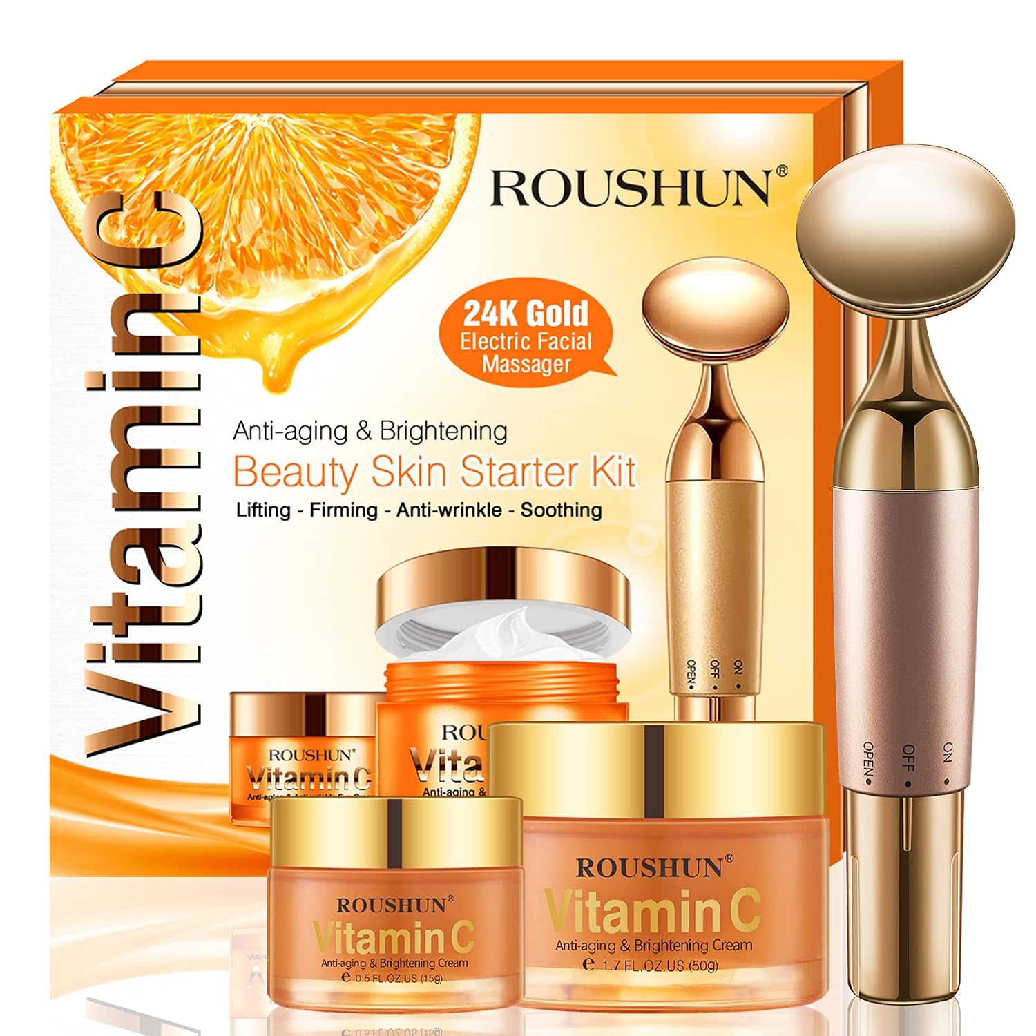 Organic Vitamin C Set Face CreamEye Cream with Electric Facial Massager The BEST Anti-wrinkle Cream For Skin & Face Professional Anti-Aging For FaceNeckEyes