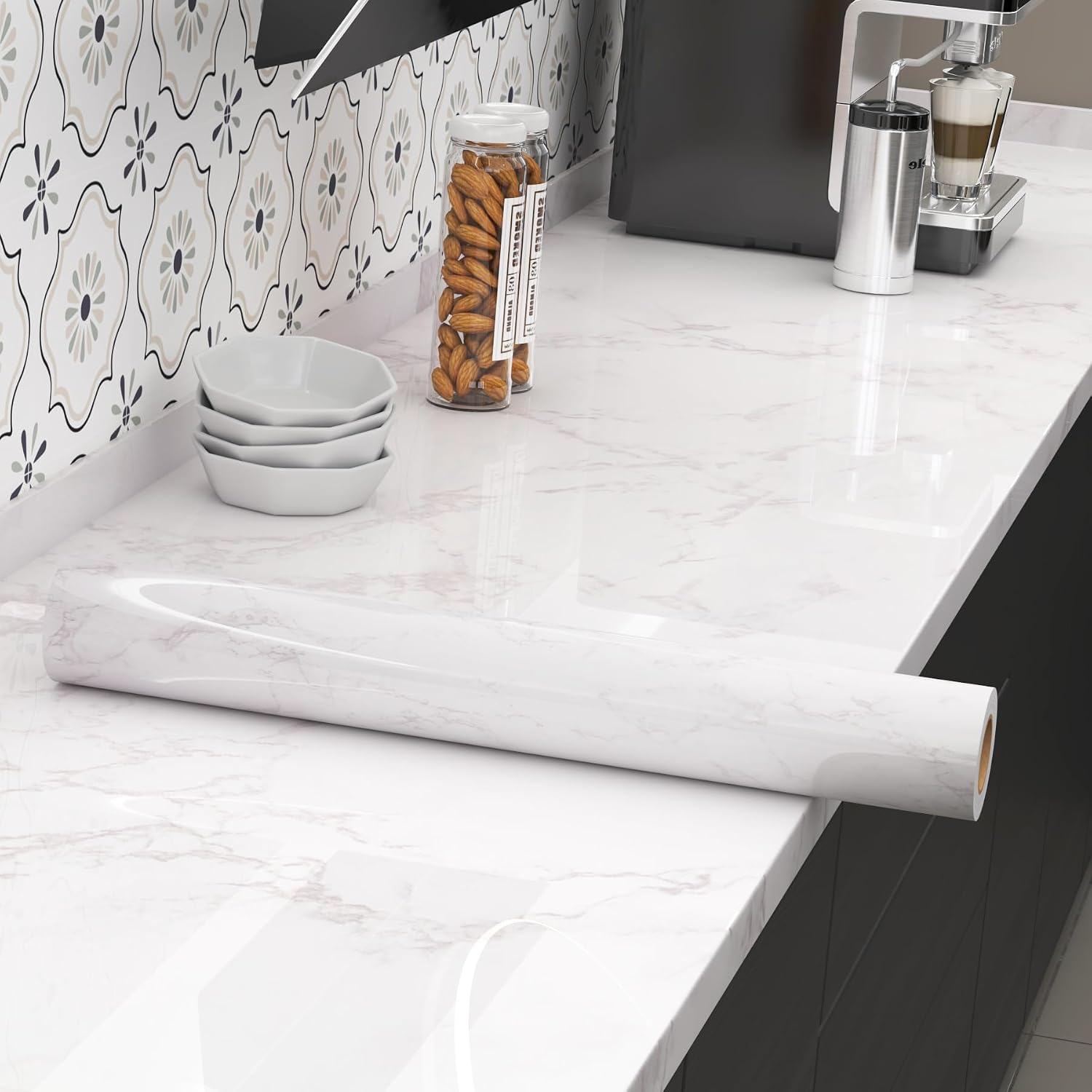 Docoper Marble Wallpaper White Peel and Stick Wallpaper Self Adhesive Removable 15.7”x78.7” Granite Contact Paper for Countertops Waterproof Drawer Liner Countertops Cabinet Bedroom Renter Friendly